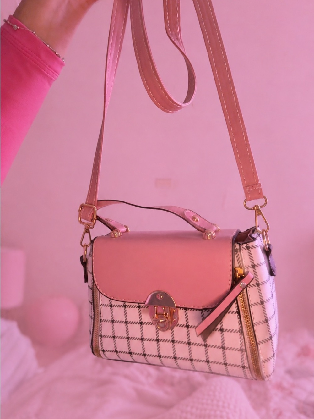 Pink Check Crossbody Bag with Top Flap